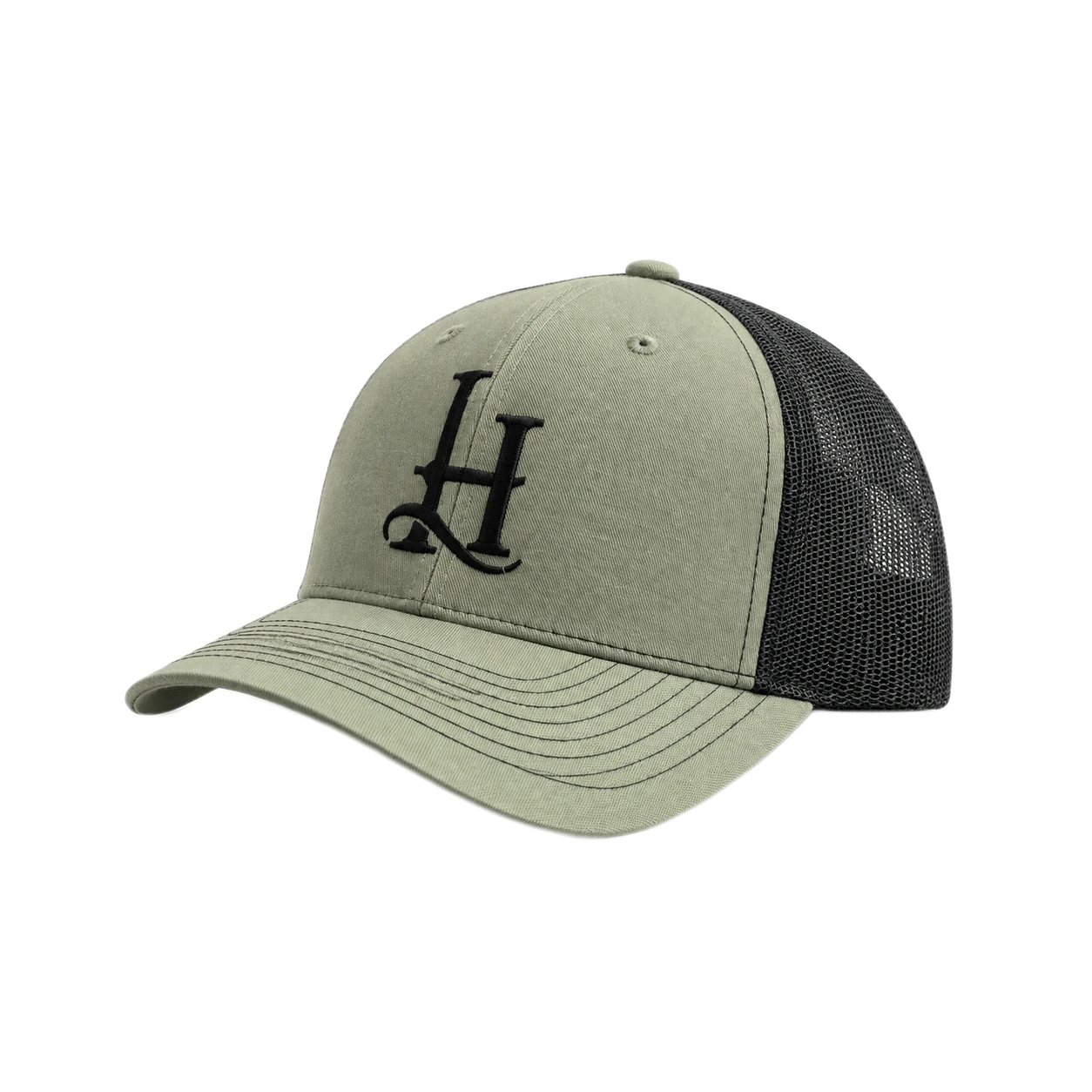 Olive Isaac Harper hat with charcoal mesh and embroidered IH monogram